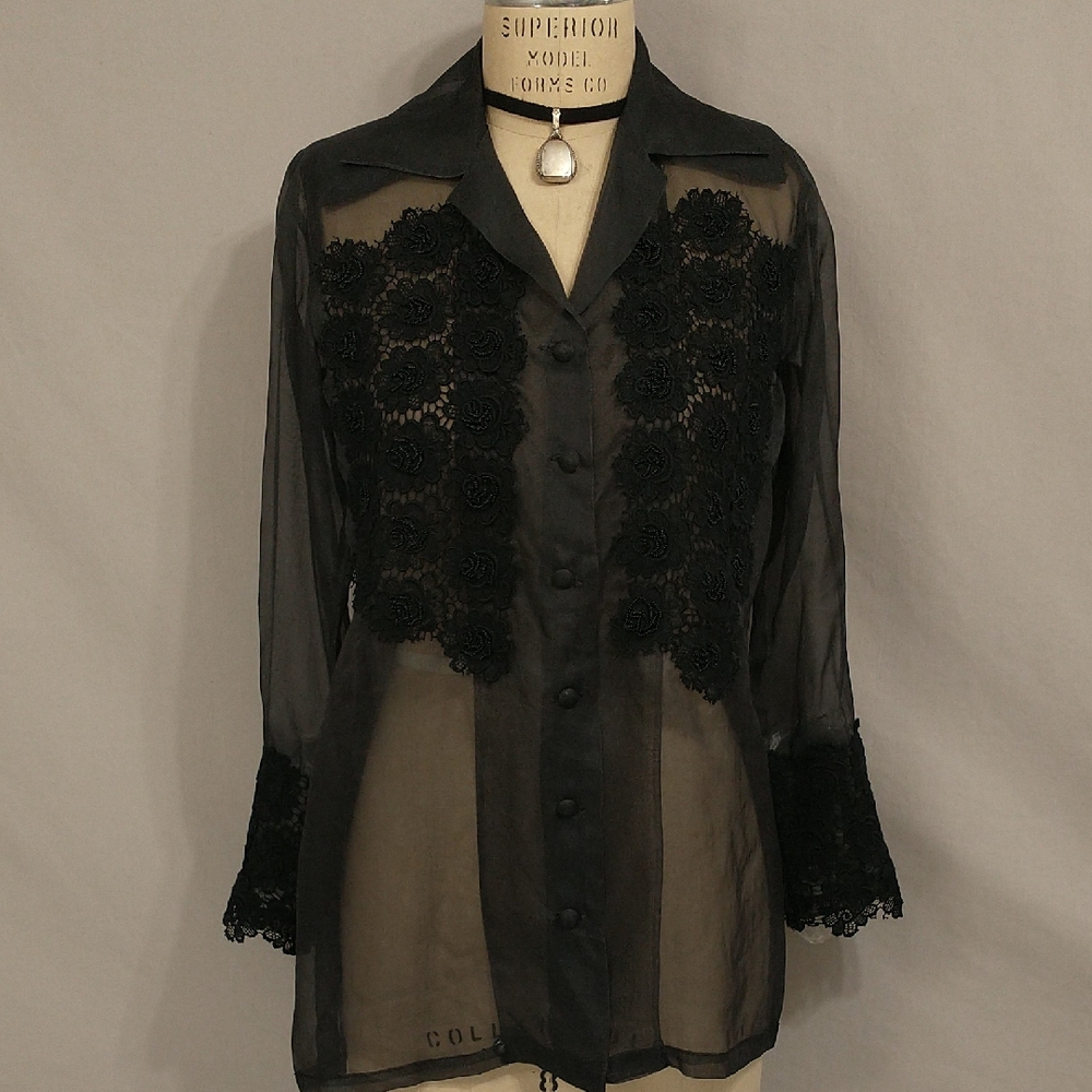 Vintage Sheer Black Blouse Lace & Beaded Detail Unusual p Silk High Quality SeeM